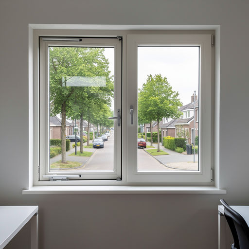 uitzicht vanuit thuiskantoor in Maarsbergen door een wit kunststof draai-kiepraam naar een groene bomenrij