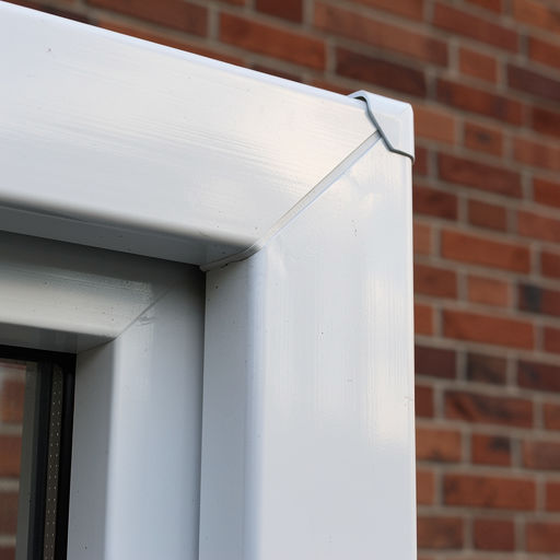 close-up van verstekverbinding van een wit kunststof kozijn in Barneveld met bakstenen gevel in beeld