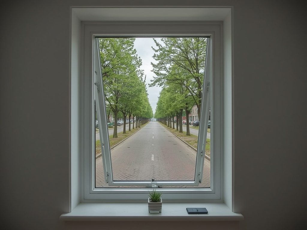 blik vanuit thuiskantoor in Elst door wit kunststof draai-kiepraam naar bomenlaan