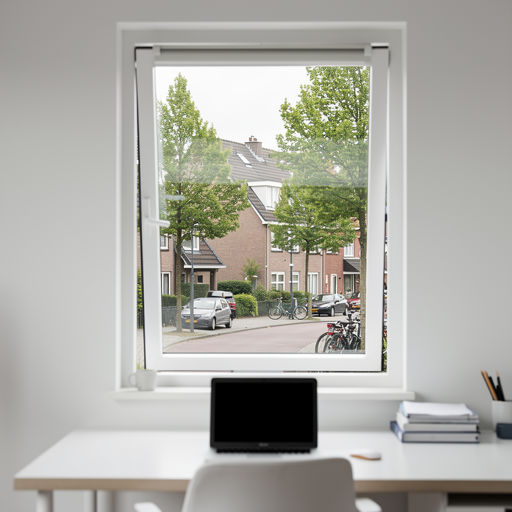 uitzicht vanuit een thuiskantoor in Barneveld door een wit kunststof draai-kiepraam naar een bomenrij