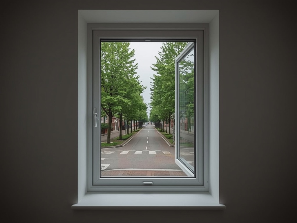 uitzicht vanuit thuiskantoor in Langbroek door een wit kunststof draai-kiepraam op groene bomenrij