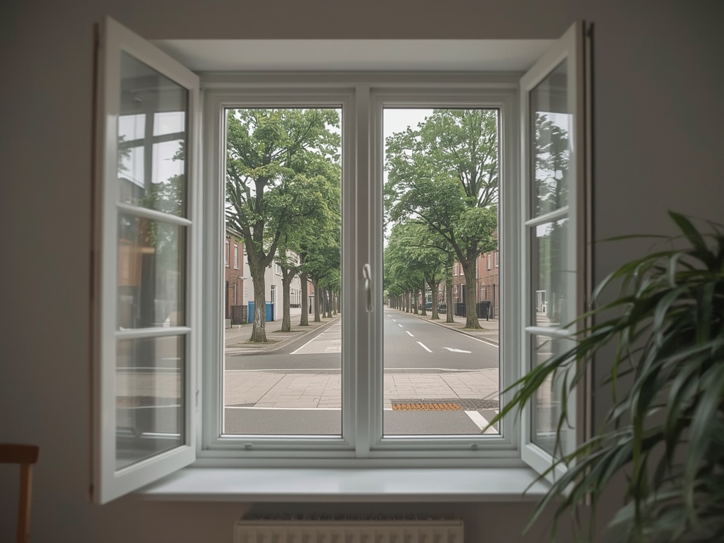 uitzicht vanuit een thuiskantoor in Zeist door een wit kunststof draai-kiepraam naar een groene bomenlaan