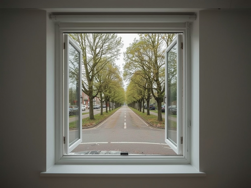 blik vanuit thuiskantoor in Veenendaal door wit kunststof draai-kiepraam naar bomenlaan