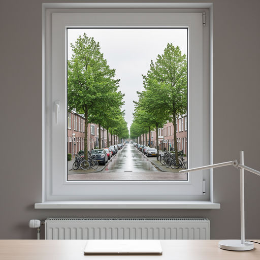 blik vanuit thuiskantoor in Ede door wit kunststof draai-kiepraam op een met bomen omzoomde straat