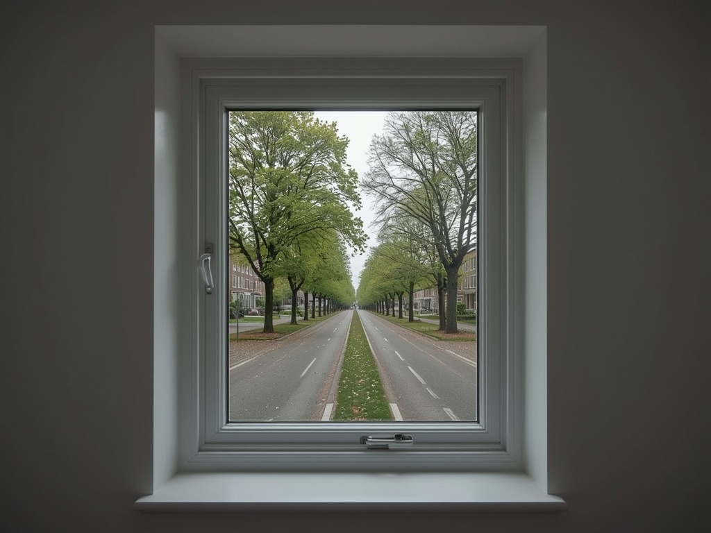 blik vanuit thuiskantoor in Scherpenzeel door wit kunststof draai-kiepraam naar groene laan