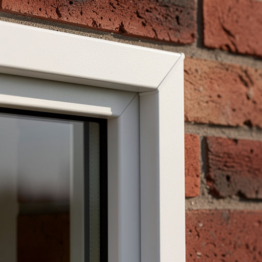 close-up van verstekverbinding van een wit kunststof kozijn in Ginkel met bakstenen gevel in beeld