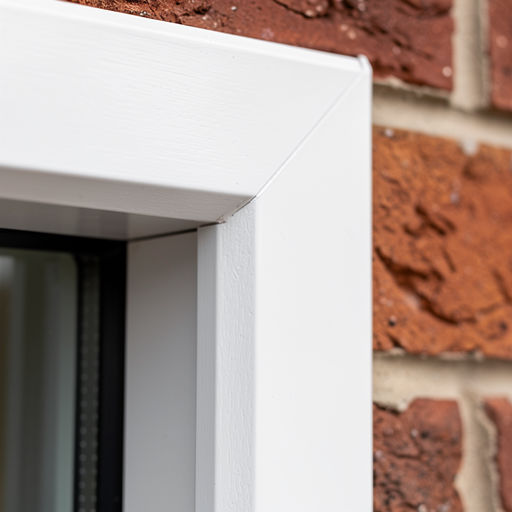 close-up van verstekverbinding van een wit kunststof kozijn in Langbroek met bakstenen gevel ernaast