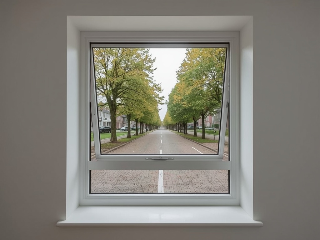 blik vanuit thuiskantoor in Tiel door wit kunststof draai-kiepraam naar groene straat met bomen