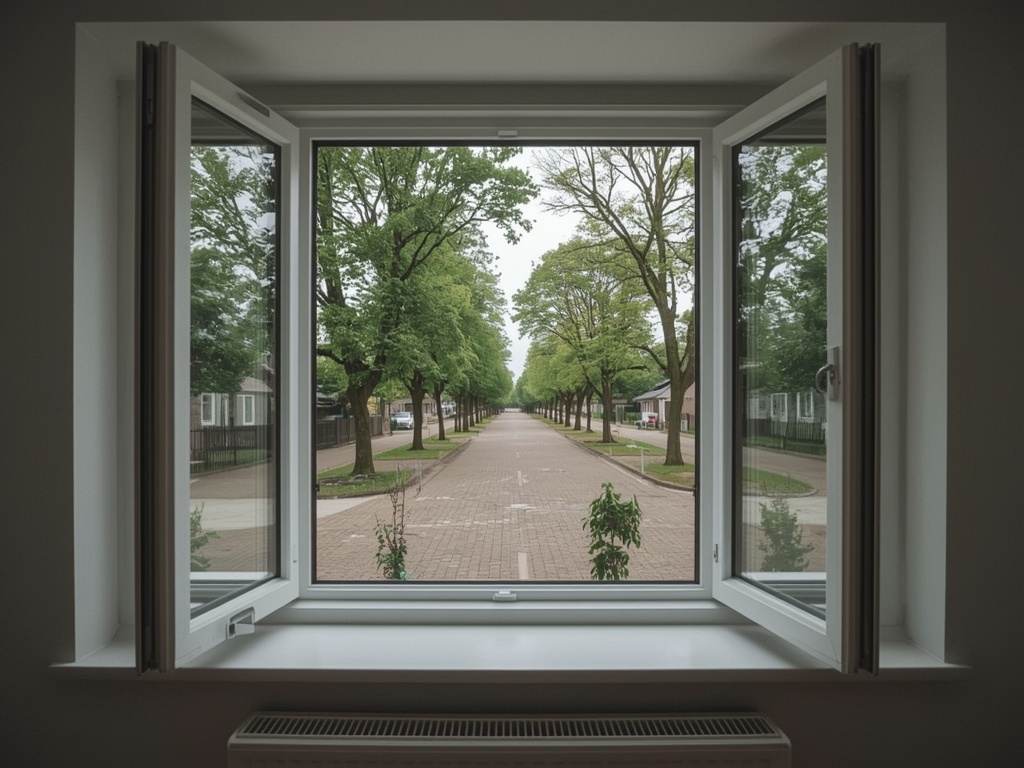 uitzicht vanuit een thuiskantoor in Culemborg door een wit kunststof draai-kiepraam op een groen plantsoen