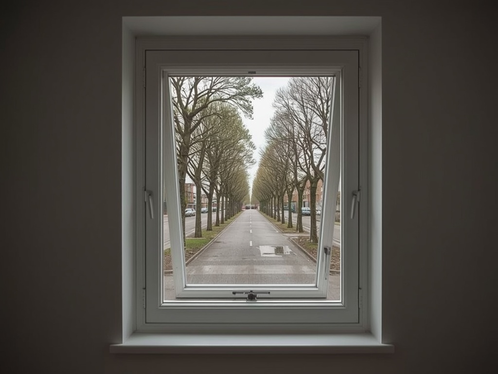 blik vanuit een thuiskantoor in Doorn door een wit kunststof draai-kiepraam naar een bomenlaan