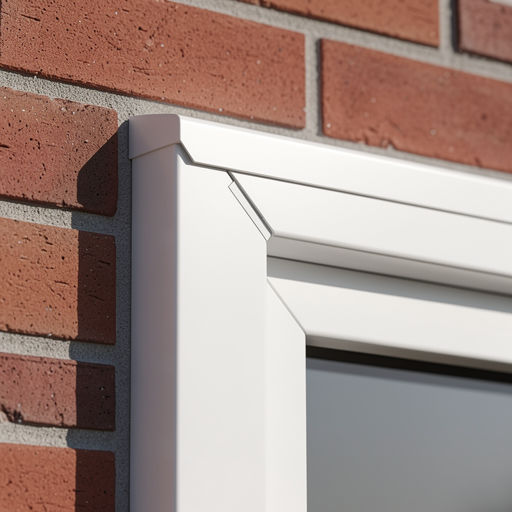 close-up van verstekverbinding witte kunststof kozijn hoekpunt met baksteenmuur in Opheusden