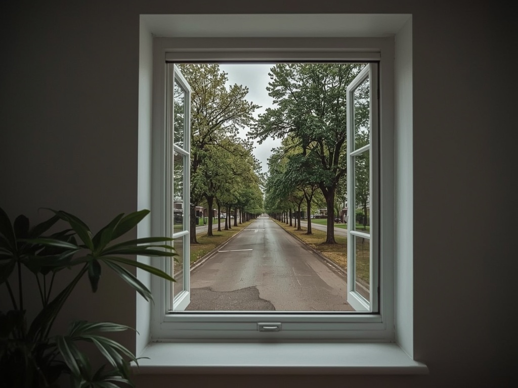 blik vanuit thuiskantoor in Driebergen door wit kunststof draai-kiepraam op bomenlaan