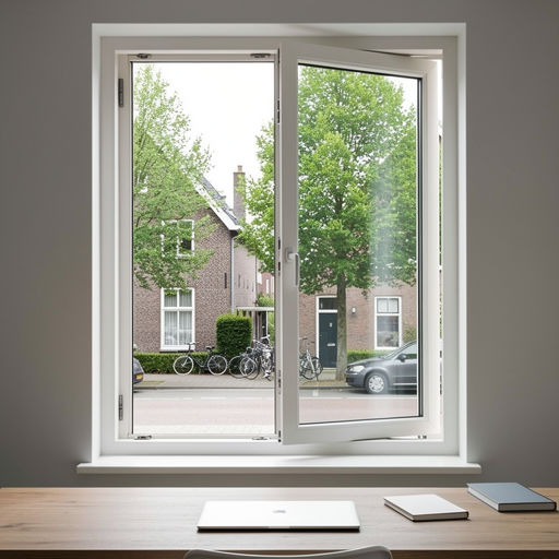 uitzicht vanuit een thuiskantoor in Achterberg door een wit kunststof draai-kiepraam op groen buitengebied