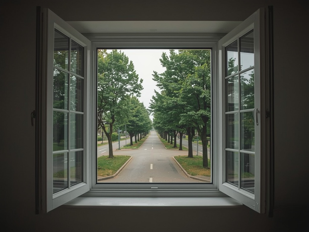 uitzicht vanuit een thuiskantoor in Cothen door een wit kunststof draai-kiepraam op een groene straat