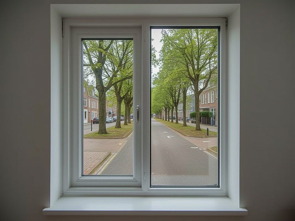 blik vanuit thuiskantoor in Wijk bij Duurstede door wit kunststof draai-kiepraam op groene bomenrij
