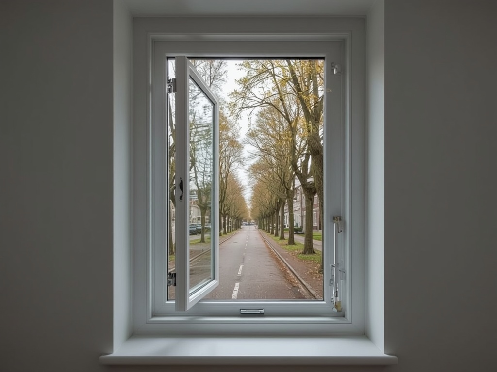 blik vanuit thuiskantoor in Opheusden door wit kunststof draai-kiepraam naar bomen en weilanden
