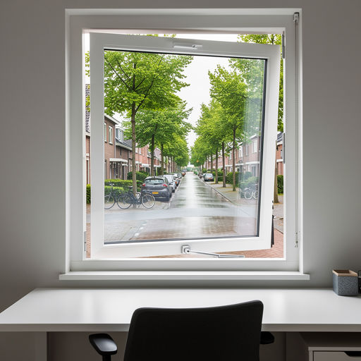 blik vanuit thuiskantoor in Renkum door wit kunststof draai-kiepraam naar bomen en groen