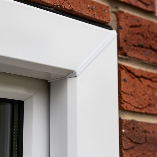 close-up van verstekverbinding witte kunststof kozijn hoekpunt met baksteenmuur in Maarn zichtbaar