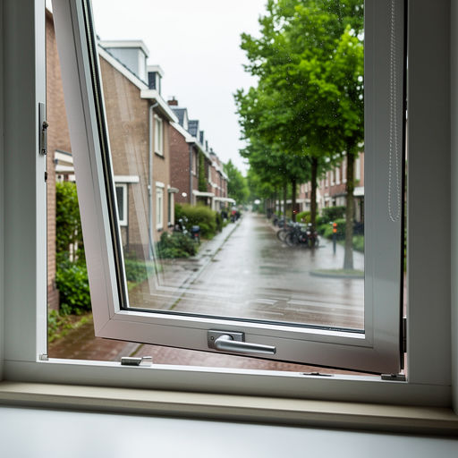 blik vanuit thuiskantoor in Bennekom door wit kunststof draai-kiepraam naar bomenlaan