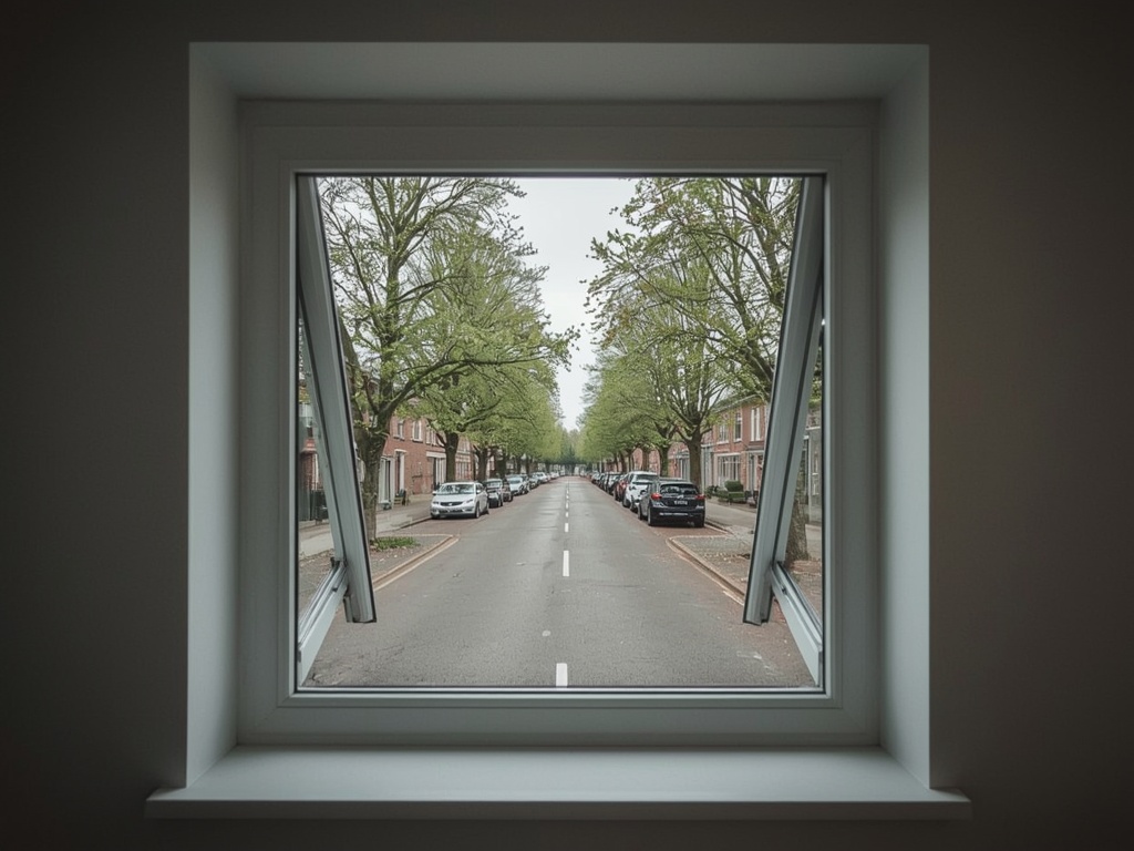 blik vanuit thuiskantoor in Rhenen door een wit kunststof draai-kiepraam naar een bomenlaan