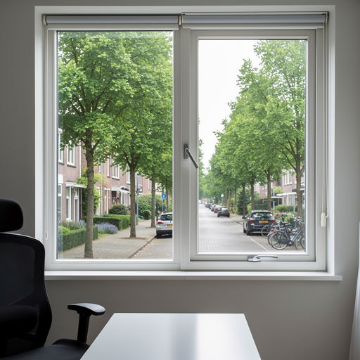 uitzicht vanuit een thuiskantoor in Wageningen door een wit kunststof draai-kiepraam op een laan met bomen