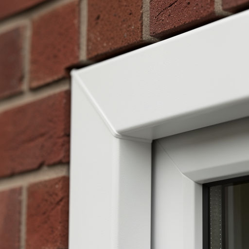 close-up van verstekverbinding witte kunststof kozijnhoek met baksteenmuur in Driebergen