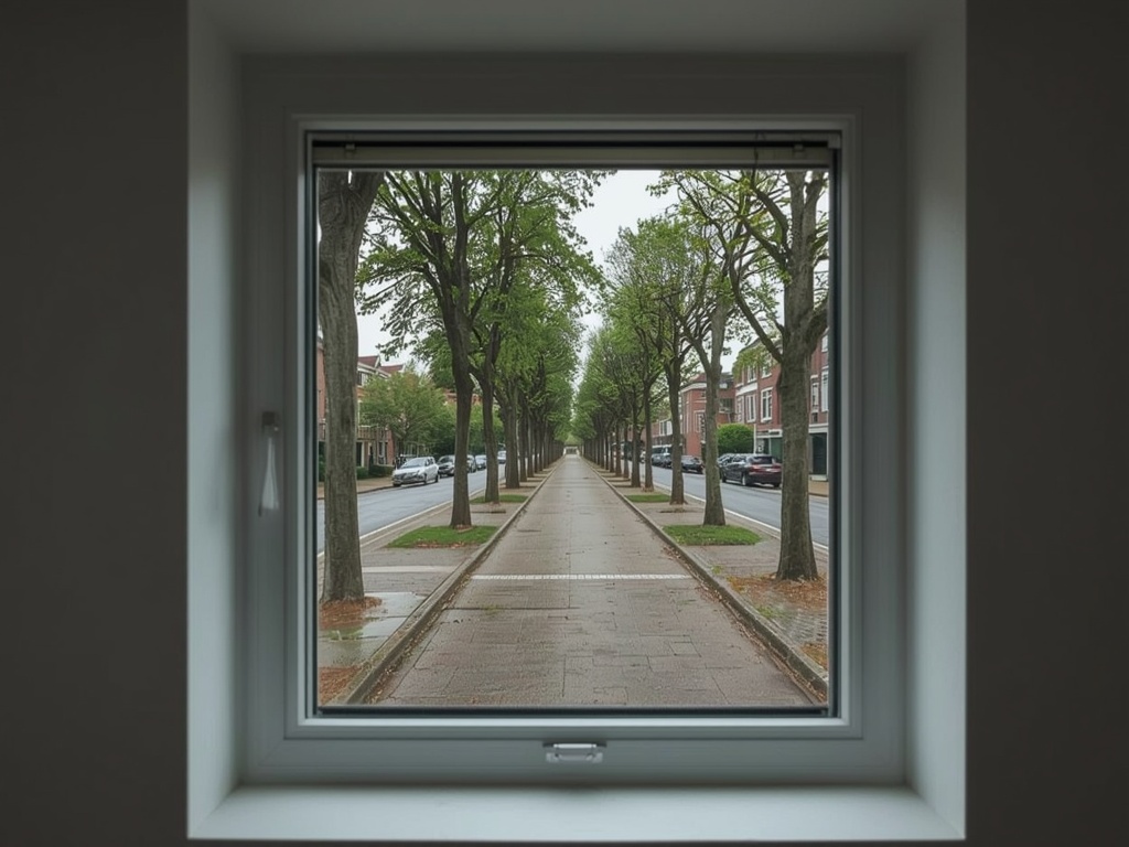 blik vanuit thuiskantoor in Leersum door wit kunststof draai-kiepraam naar bomenlaan