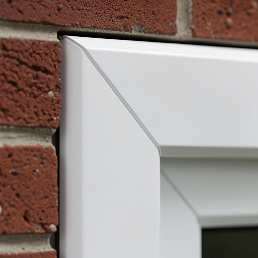 close-up van verstekverbinding van een wit kunststof kozijn in Amerongen met bakstenen gevel eromheen