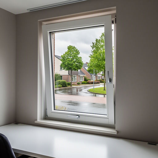 blik vanuit thuiskantoor in Veenendaal door wit kunststof draai-kiepraam naar bomenlaan